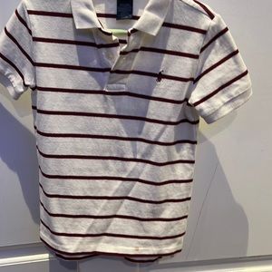 Polo collared white, red stripped short sleeve shirt. Gently used, price $14